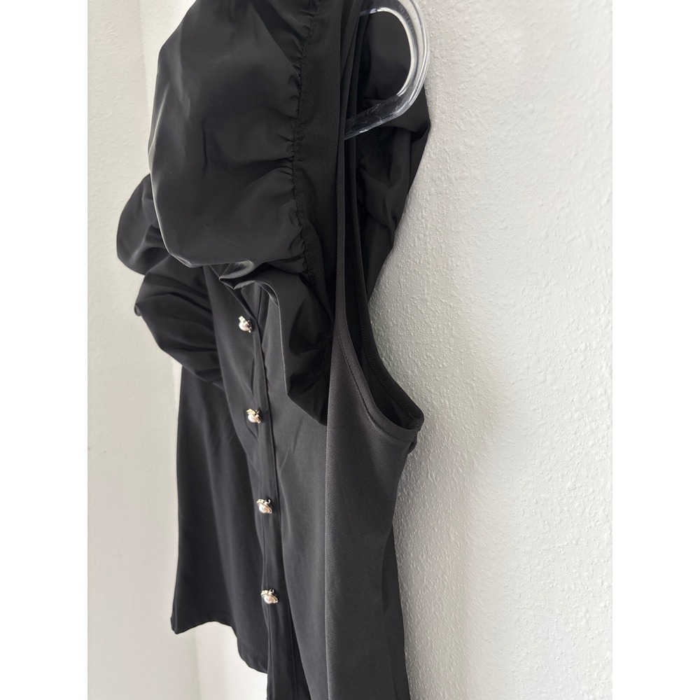 Pearl Button Black Ruffle Puff sleeve Blouse - Picture 7 of 14